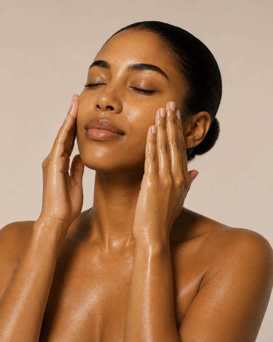A woman pressing THE OIL into her face, skin luminous and calm